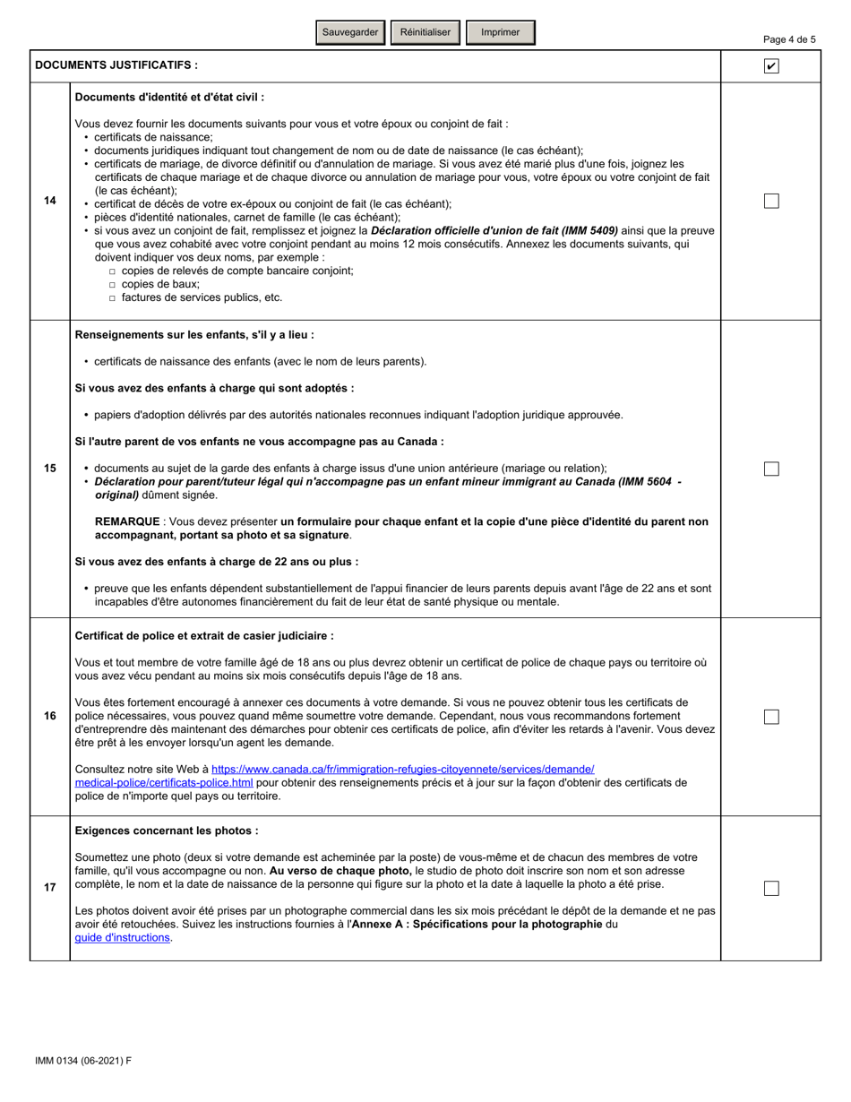 Forme IMM0134 Liste De Controle DES Documents: Voies Dacces a La Residence Permanente Pour Les Residents De Hong Kong - Canada (French), Page 4