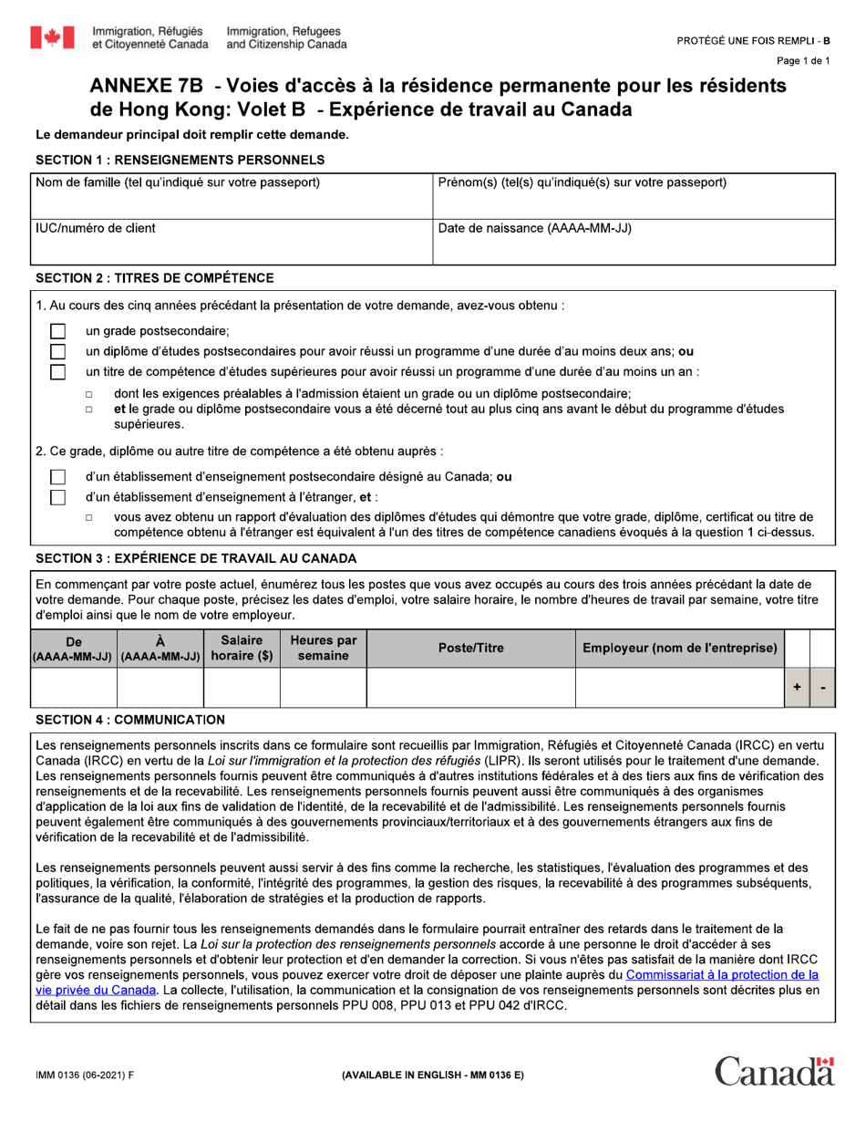 Forme IMM0136 Agenda 7B Voies Dacces a La Residence Permanente Pour Les Residents De Hong Kong: Volet B - Experience De Travail Au Canada - Canada (French), Page 1