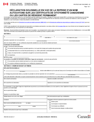 Document preview: Forme IRM0005 Declaration Solennelle En Vue De La Reprise D'un Nom Autochtone Sur Les Certificats De Citoyennete Canadienne Ou Les Cartes De Resident Permanent - Canada (French)