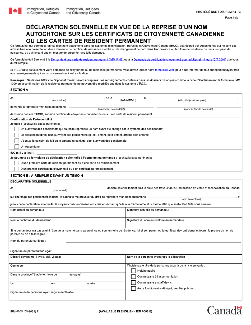 Forme IRM0005 Declaration Solennelle En Vue De La Reprise Dun Nom Autochtone Sur Les Certificats De Citoyennete Canadienne Ou Les Cartes De Resident Permanent - Canada (French), Page 1