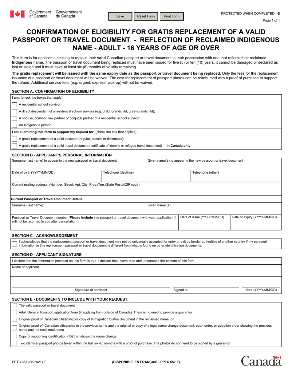 Form PPTC657 Confirmation of Eligibility for Gratis Replacement of a Valid Passport or Travel Document - Reflection of Reclaimed Indigenous Name - Adult - 16 Years of Age or Over - Canada, Page 1