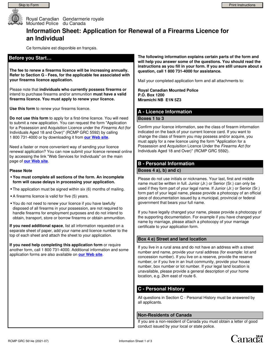 Form RCMP GRC5614 Application for Renewal of a Firearms Licence for an Individual - Canada, Page 1