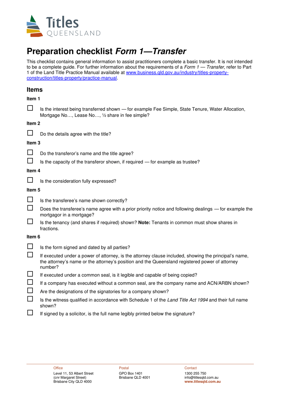 Form 1 Preparation Checklist - Transfer - Queensland, Australia, Page 1