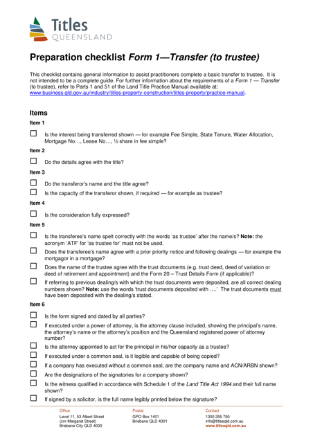 Form 1 Preparation Checklist - Transfer (To Trustee) - Queensland, Australia