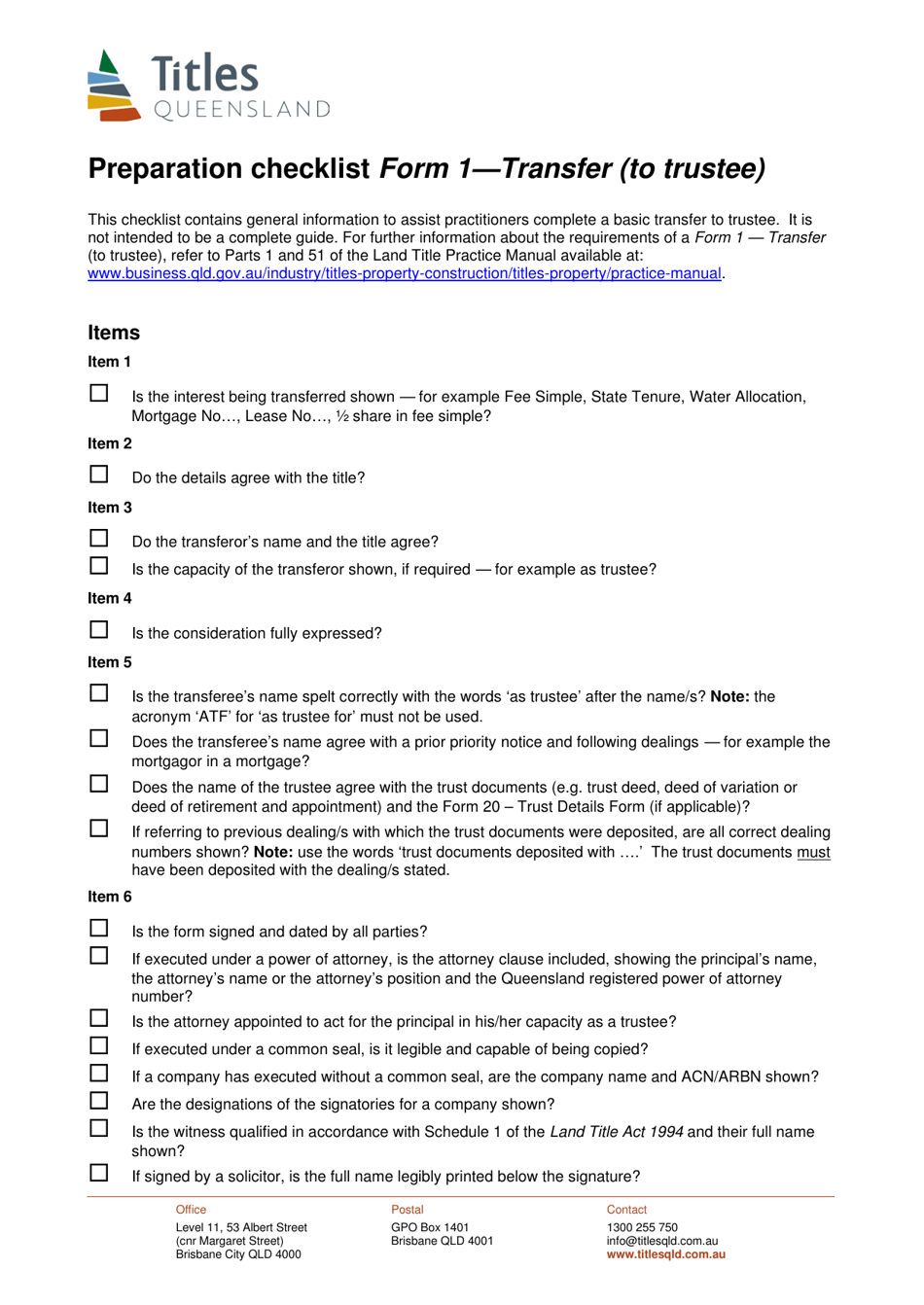 Form 1 Preparation Checklist - Transfer (To Trustee) - Queensland, Australia, Page 1