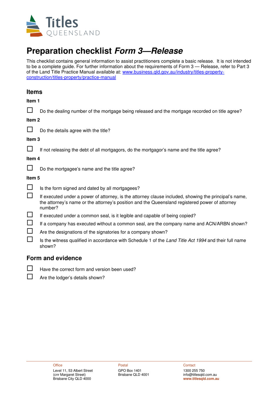 Form 3 Preparation Checklist - Release - Queensland, Australia, Page 1