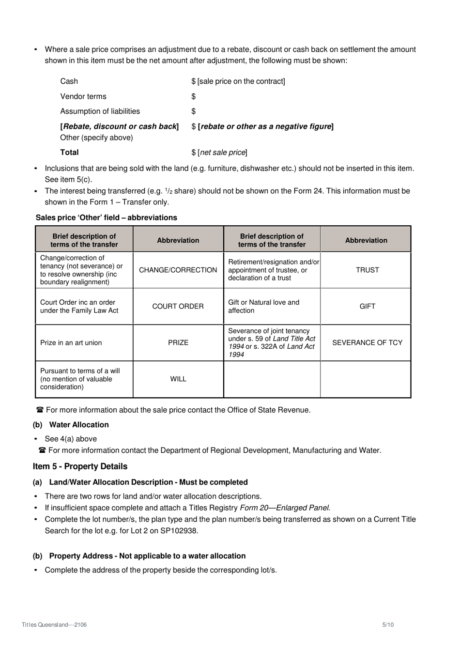 Instructions for Form 24 Property Information (Transfer) - Queensland, Australia, Page 5