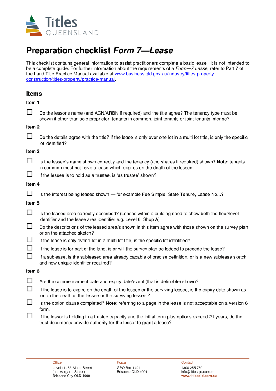 Form 7 Preparation Checklist - Lease - Queensland, Australia, Page 1