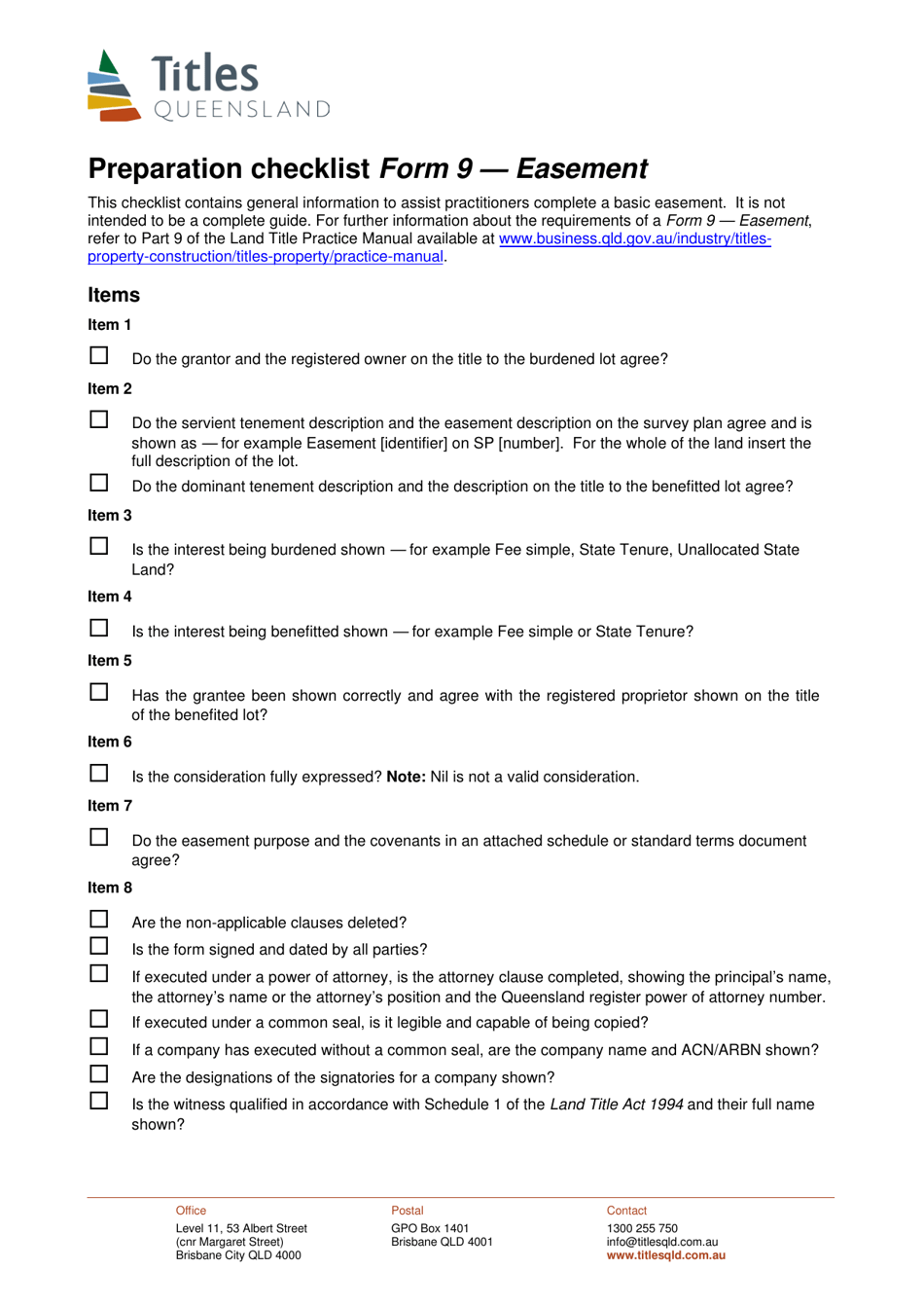 Form 9 Preparation Checklist - Easement - Queensland, Australia, Page 1