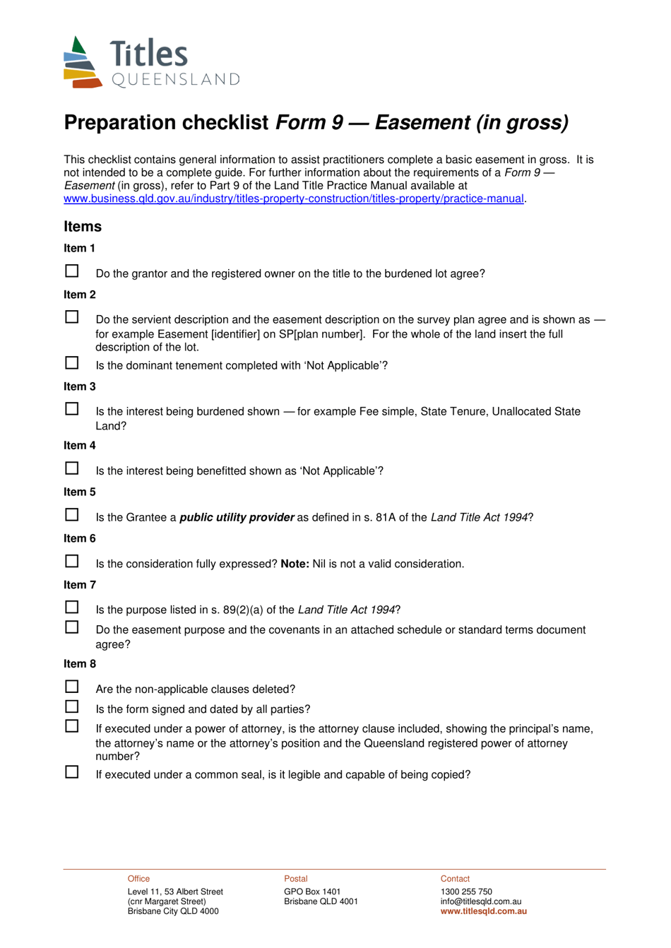 Form 9 Preparation Checklist- Easement (In Gross) - Queensland, Australia, Page 1