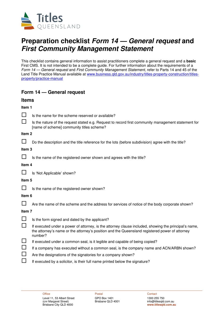Form 14 Preparation Checklist - General Request and First Community Management Statement - Queensland, Australia, Page 1