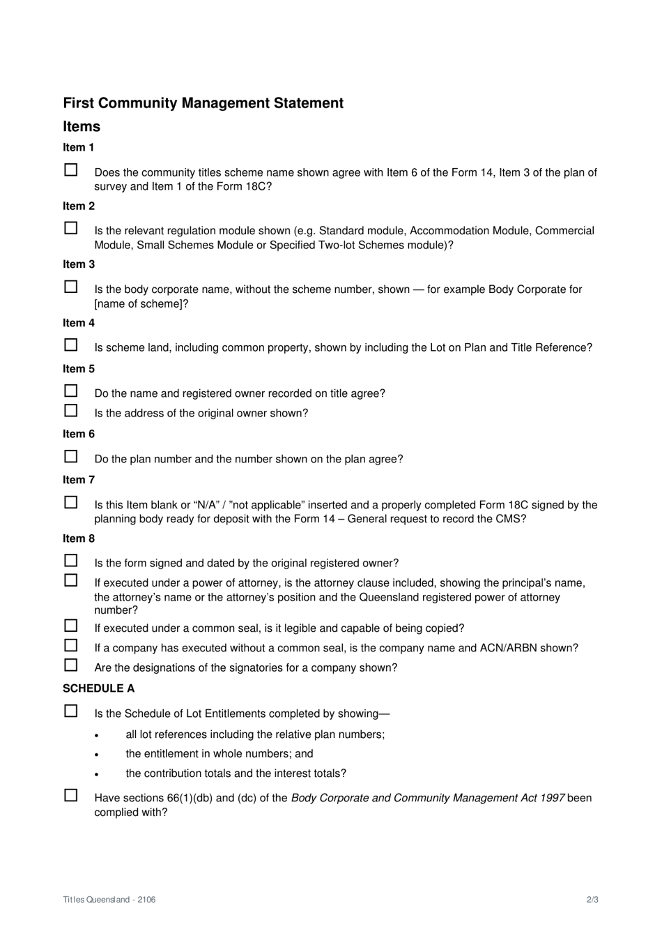 Form 14 Preparation Checklist - General Request and First Community Management Statement - Queensland, Australia, Page 2
