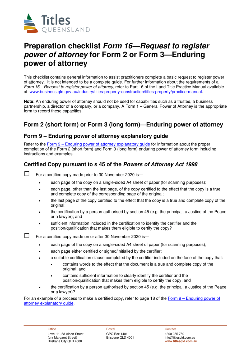 Form 16 Preparation Checklist - Request to Register Power of Attorney for Form 2 or Form 3 - Enduring Power of Attorney - Queensland, Australia, Page 1