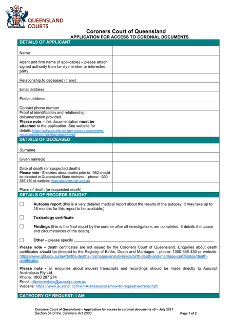 Application for Access to Coronial Documents - Queensland, Australia Download Pdf