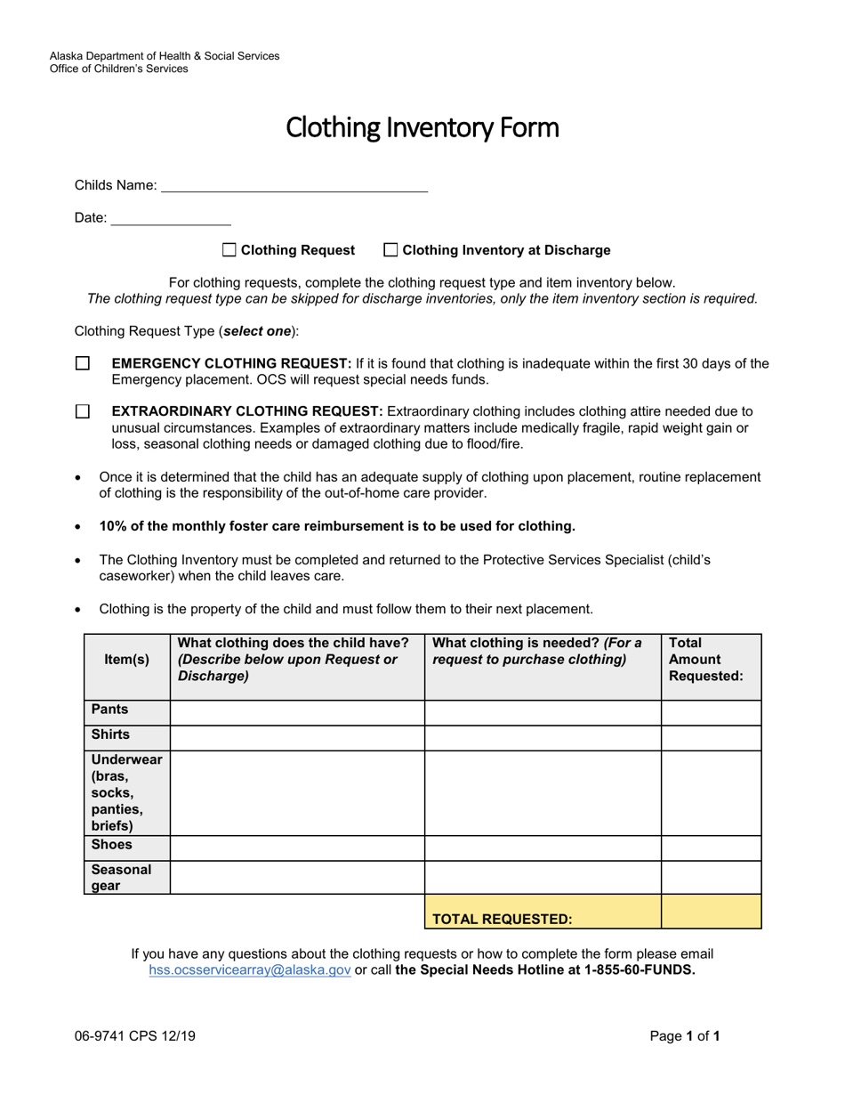 Form 06-9741 Clothing Inventory Form - Alaska, Page 1