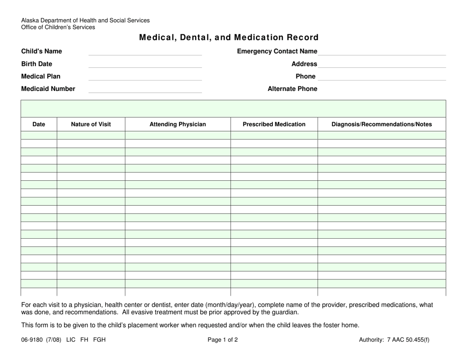 Form 06-9180 Medical, Dental, and Medication Record - Alaska, Page 1