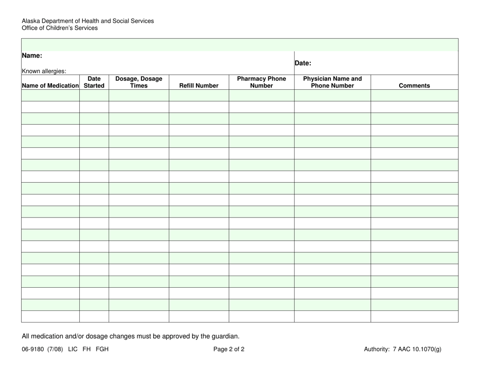 Form 06-9180 Medical, Dental, and Medication Record - Alaska, Page 2