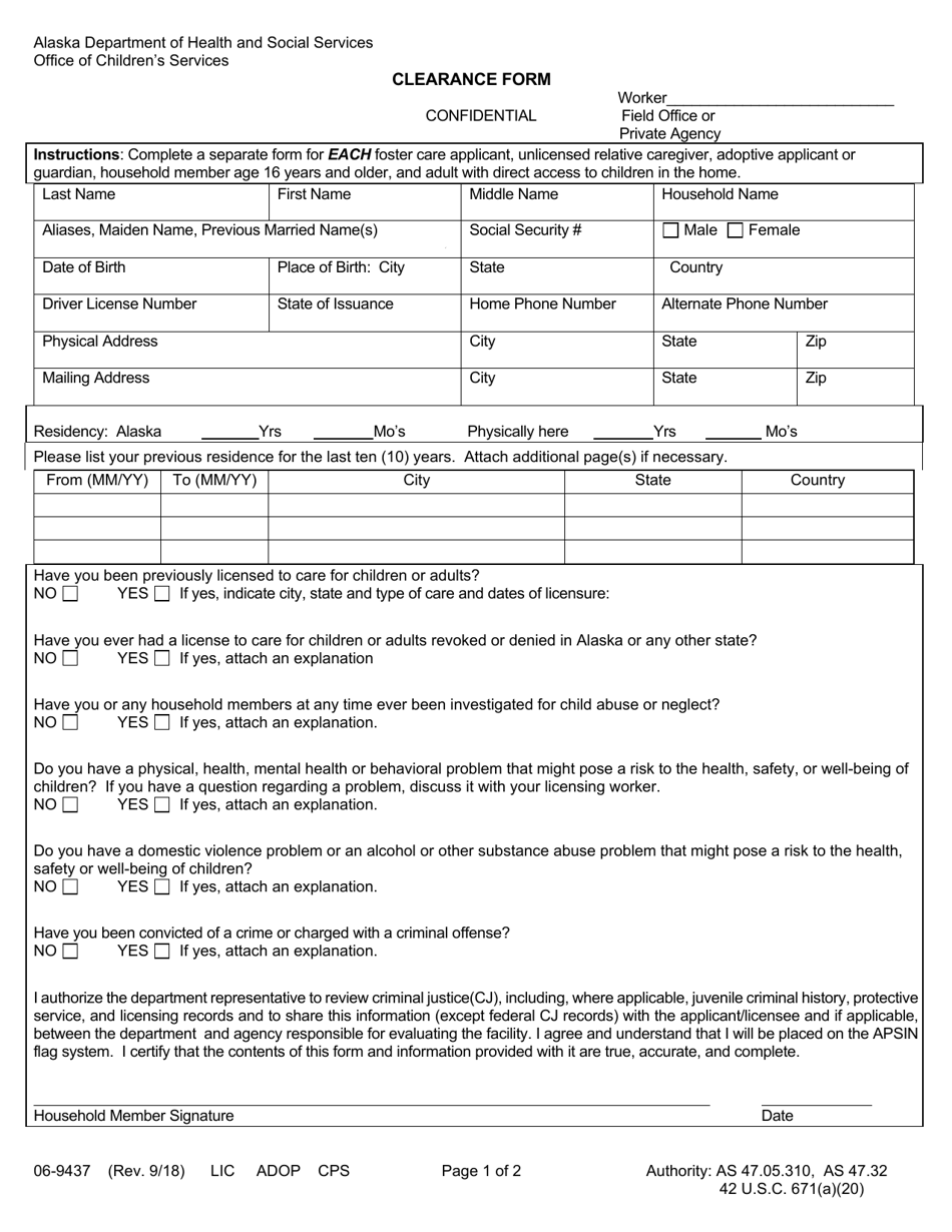 Form 06-9437 Clearance Form - Alaska, Page 1