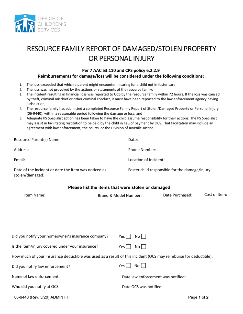 Form 06-9440 Resource Family Report of Damaged / Stolen Property or Personal Injury - Alaska, Page 1