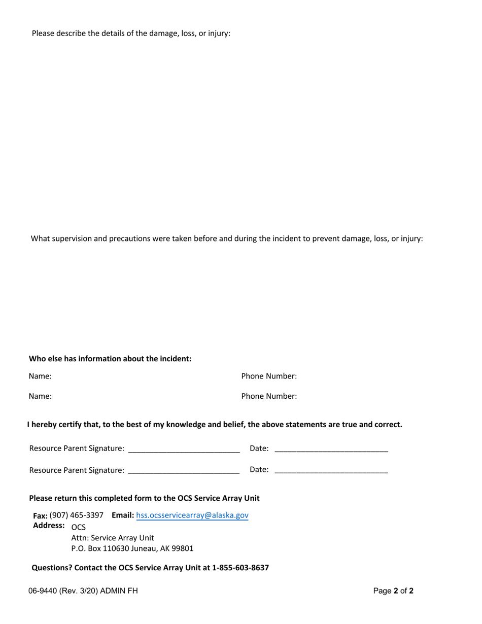 Form 06-9440 Resource Family Report of Damaged / Stolen Property or Personal Injury - Alaska, Page 2