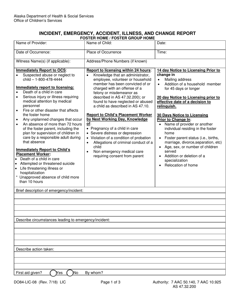 Form DO84-LIC-08 Incident, Emergency, Accident, Illness, and Change Report - Foster Home / Foster Group Home - Alaska, Page 1