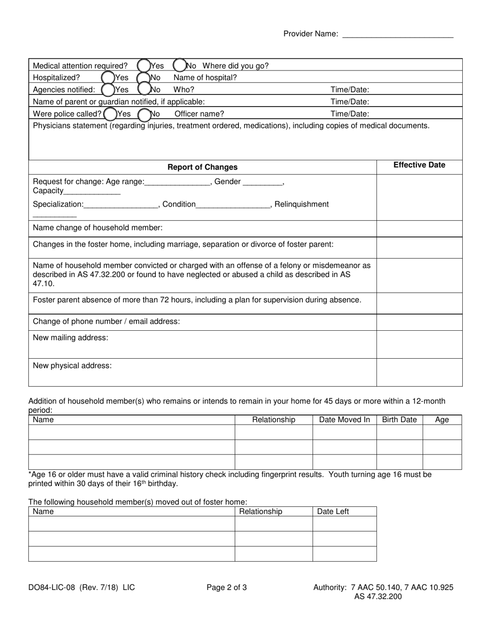 Form DO84-LIC-08 Incident, Emergency, Accident, Illness, and Change Report - Foster Home / Foster Group Home - Alaska, Page 2