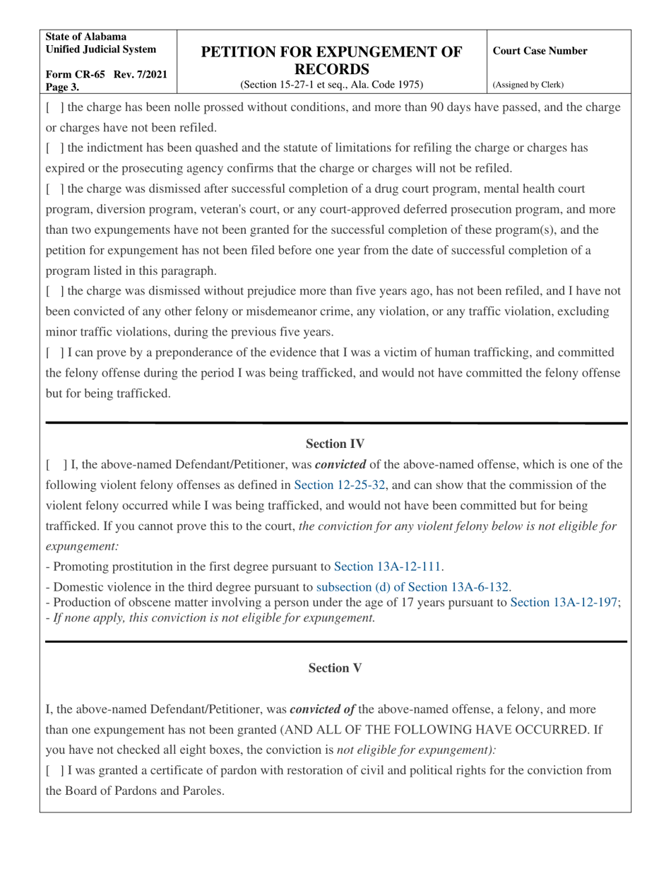 Form CR-65 Petition for Expungement of Records - Alabama, Page 3