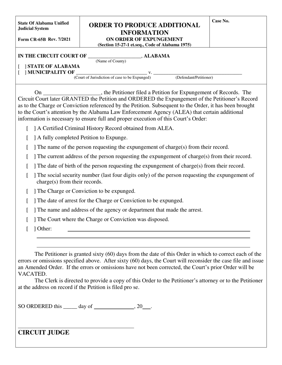 Form CR-65B Order to Produce Additional Information (On Order of Expungement) - Alabama, Page 1