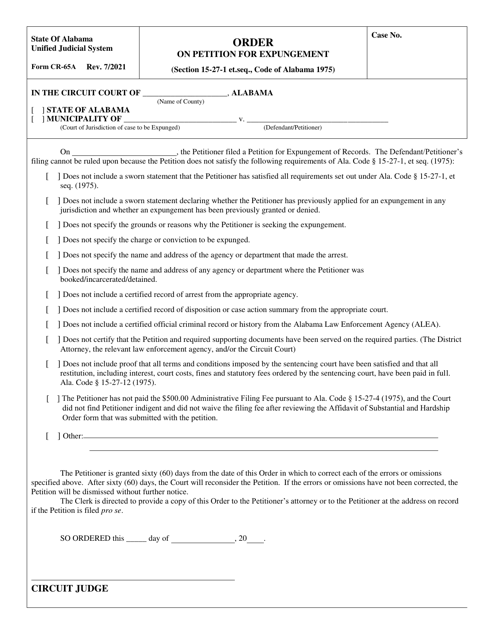 Form CR-65A Order on Petition for Expungement - Alabama