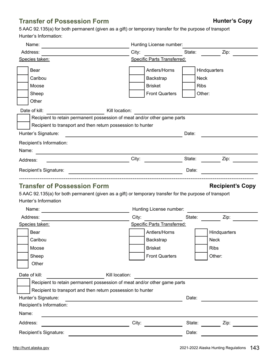 Transfer of Possession Form - Alaska, Page 1