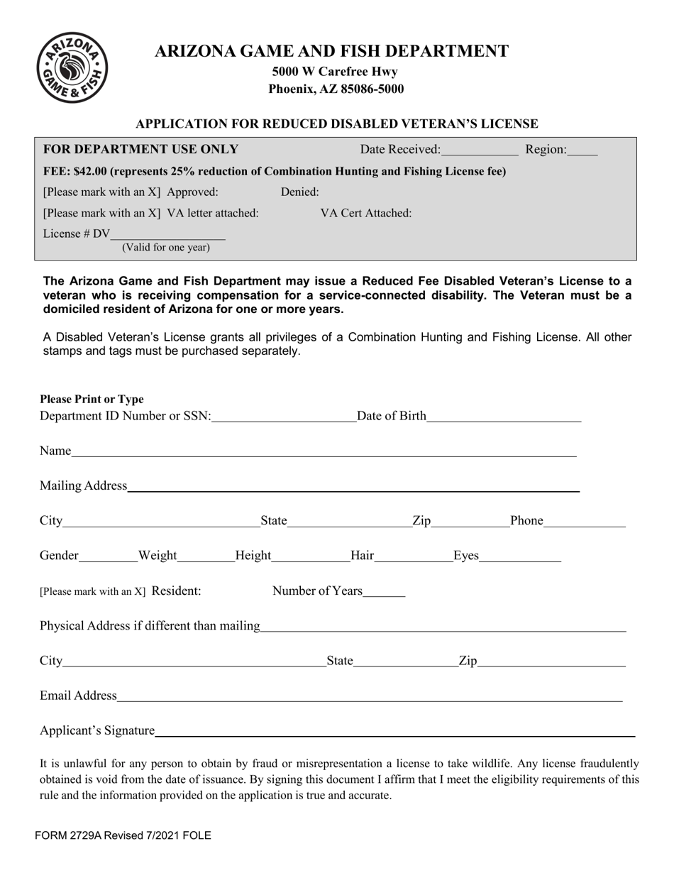 Form 2729A Application for Reduced Disabled Veterans License - Arizona, Page 1