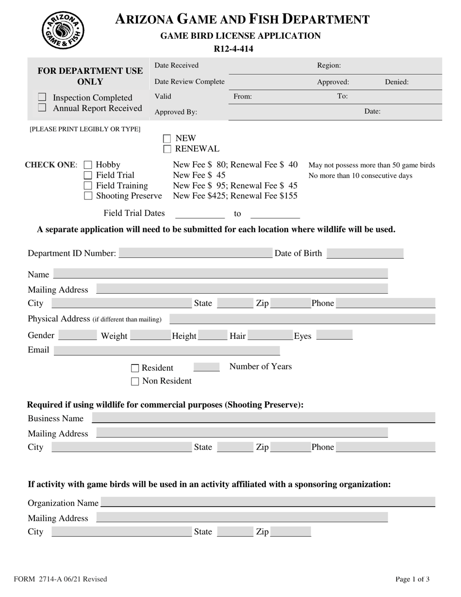 Form 2714-A Game Bird License Application - Arizona, Page 1