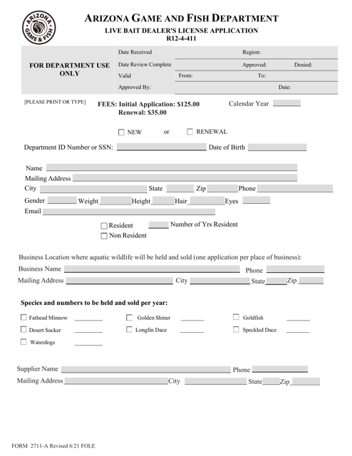 Form 2711-A Live Bait Dealer's License Application - Arizona