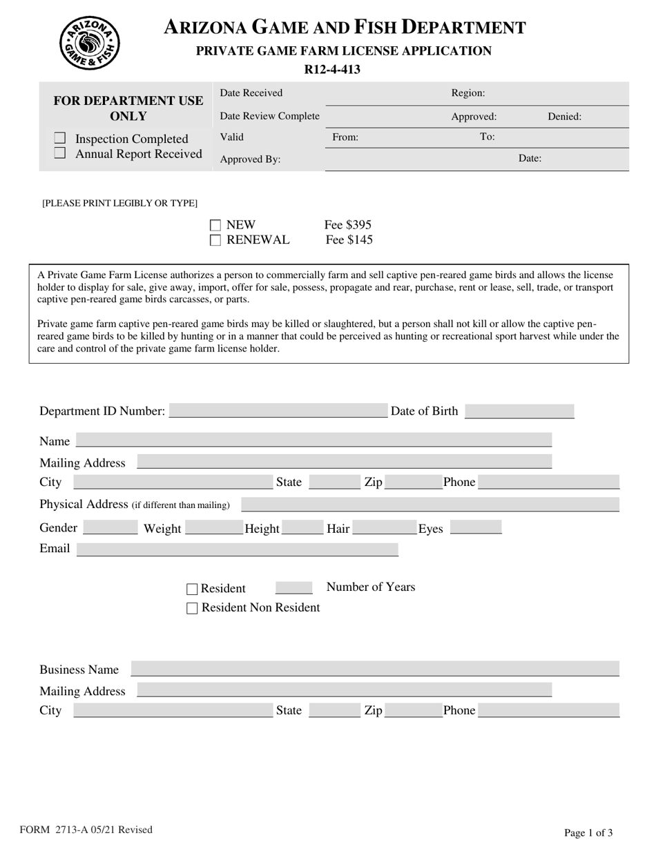 Form 2713-A Private Game Farm License Application - Arizona, Page 1