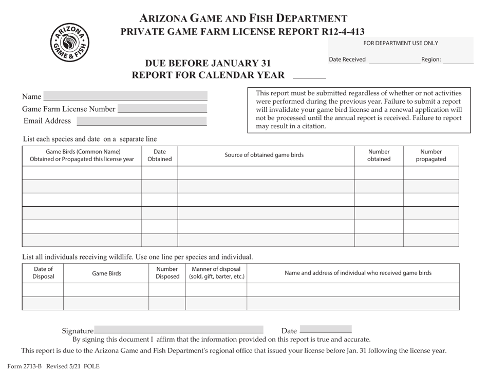 Form 2713-B Private Game Farm License Report - Arizona, Page 1