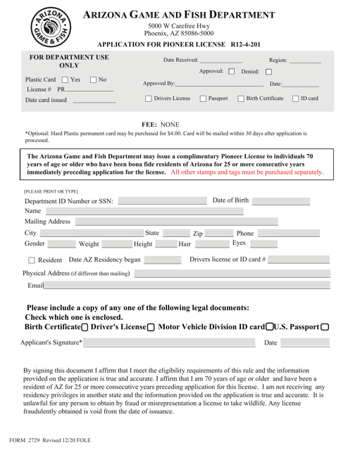 Form 2729 Application for Pioneer License - Arizona