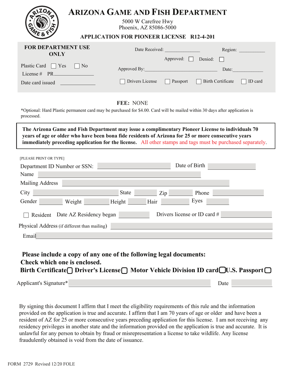 Form 2729 Application for Pioneer License - Arizona, Page 1
