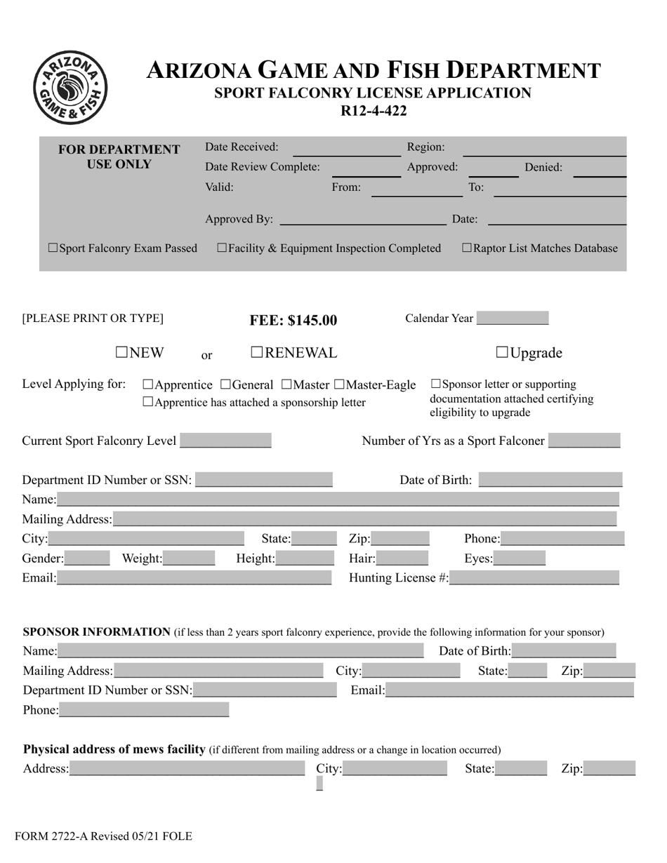 Form 2722-A Sport Falconry License Application - Arizona, Page 1