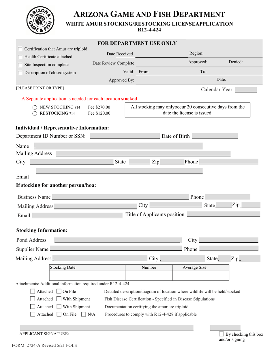 Form 2724-A White Amur Stocking / Restocking License Application - Arizona, Page 1
