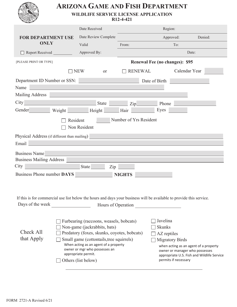 Form 2721-A Wildlife Service License Application - Arizona, Page 1