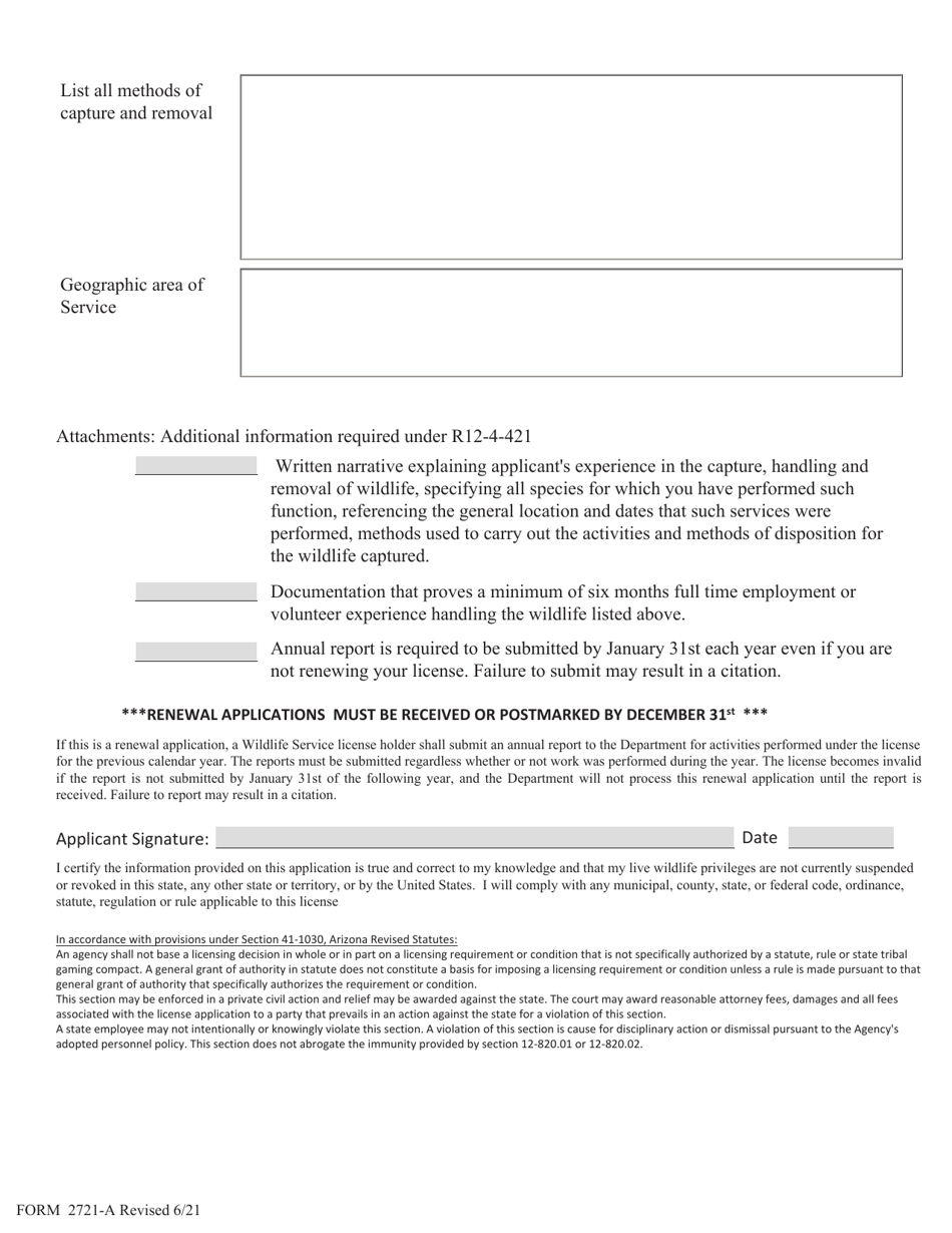 Form 2721-A Wildlife Service License Application - Arizona, Page 2
