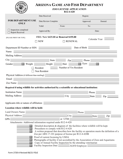 Form 2720-A Zoo License Application - Arizona