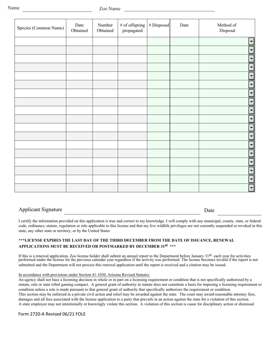 Form 2720-A Zoo License Application - Arizona, Page 3