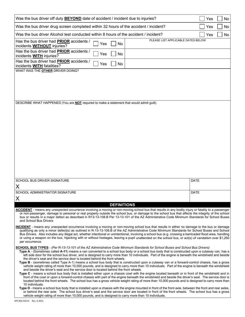 Form DPS802-03213 School Bus Accident / Incident Report - Arizona, Page 3