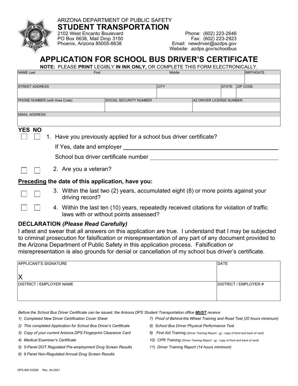 Form DPS802-03208 Application for School Bus Drivers Certificate - Arizona, Page 1