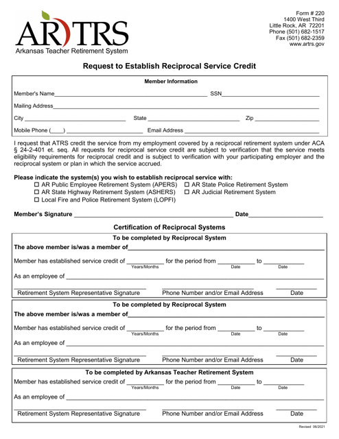 Form 220 Request to Establish Reciprocal Service Credit - Arkansas