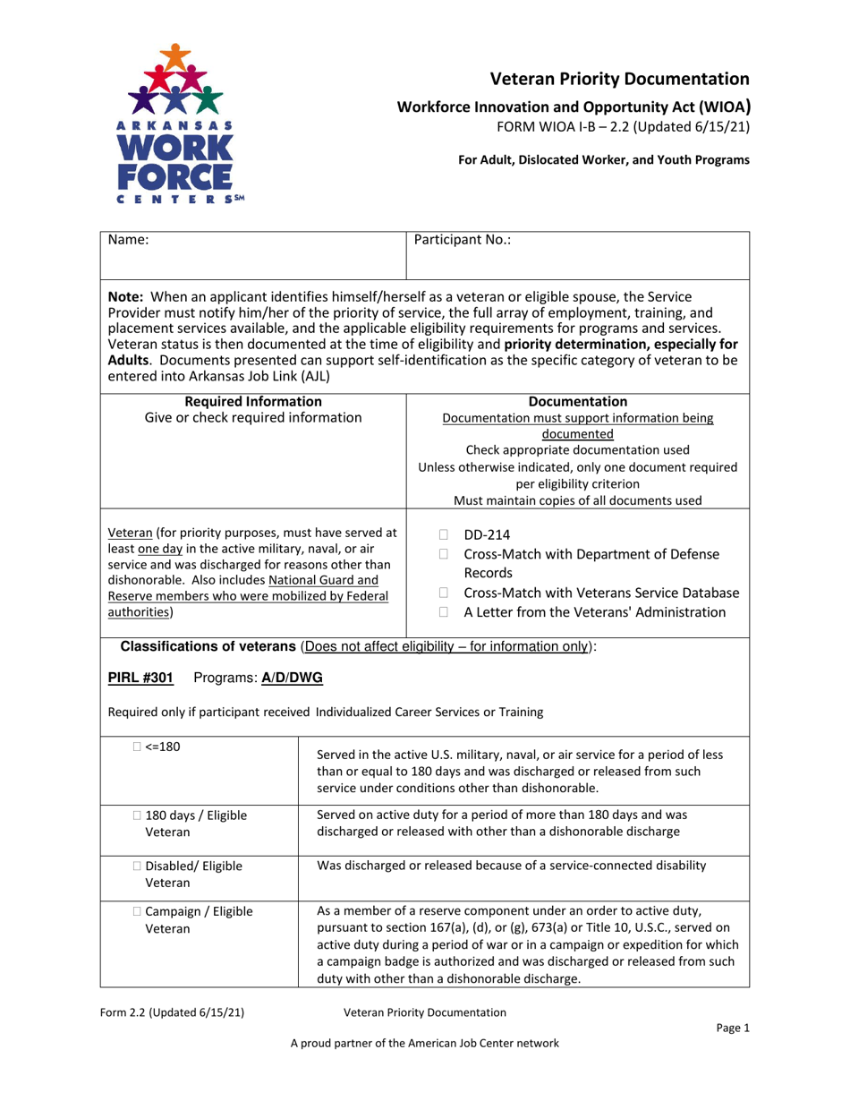 Form 2.2 Veteran Priority Documentation for Adult, Dislocated Worker, and Youth Programs - Workforce Innovation and Opportunity Act (Wioa) - Arkansas, Page 1