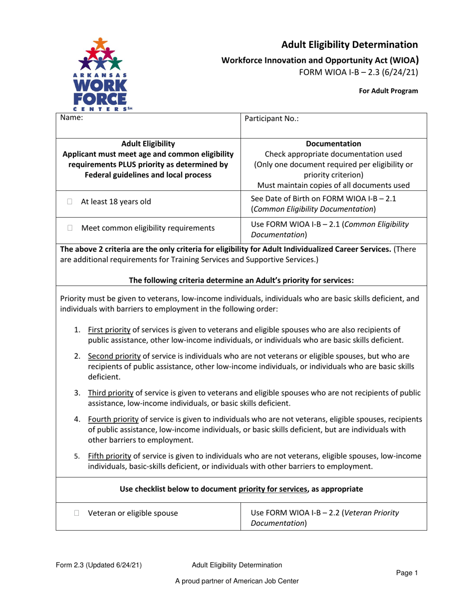 Form 2.3 Adult Eligibility Determination for Adult Program - Workforce Innovation and Opportunity Act (Wioa) - Arkansas, Page 1