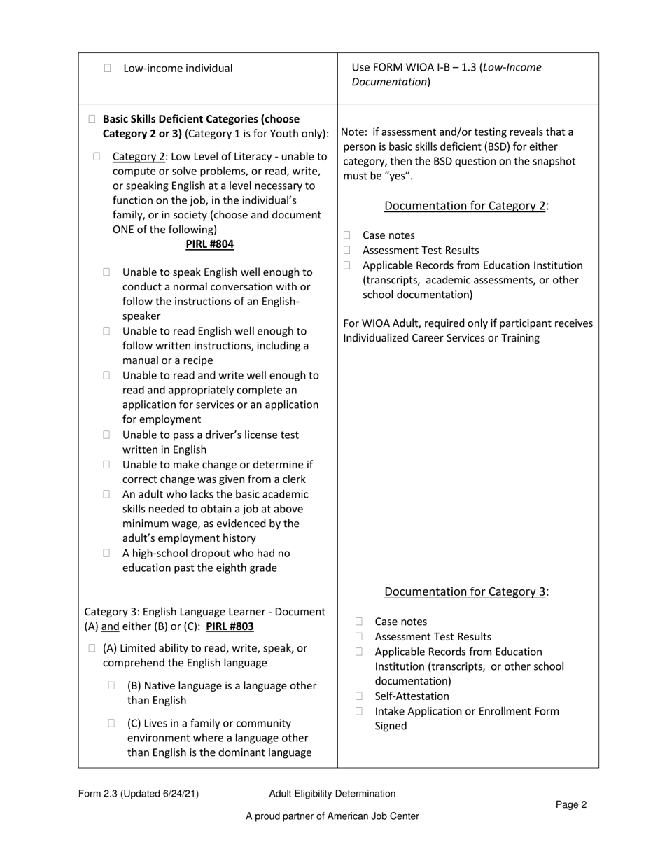 Form 2.3 Adult Eligibility Determination for Adult Program - Workforce Innovation and Opportunity Act (Wioa) - Arkansas, Page 2