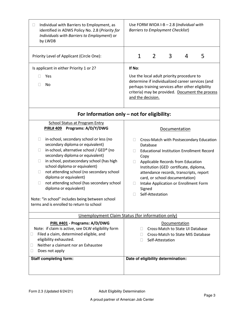 Form 2.3 Adult Eligibility Determination for Adult Program - Workforce Innovation and Opportunity Act (Wioa) - Arkansas, Page 3